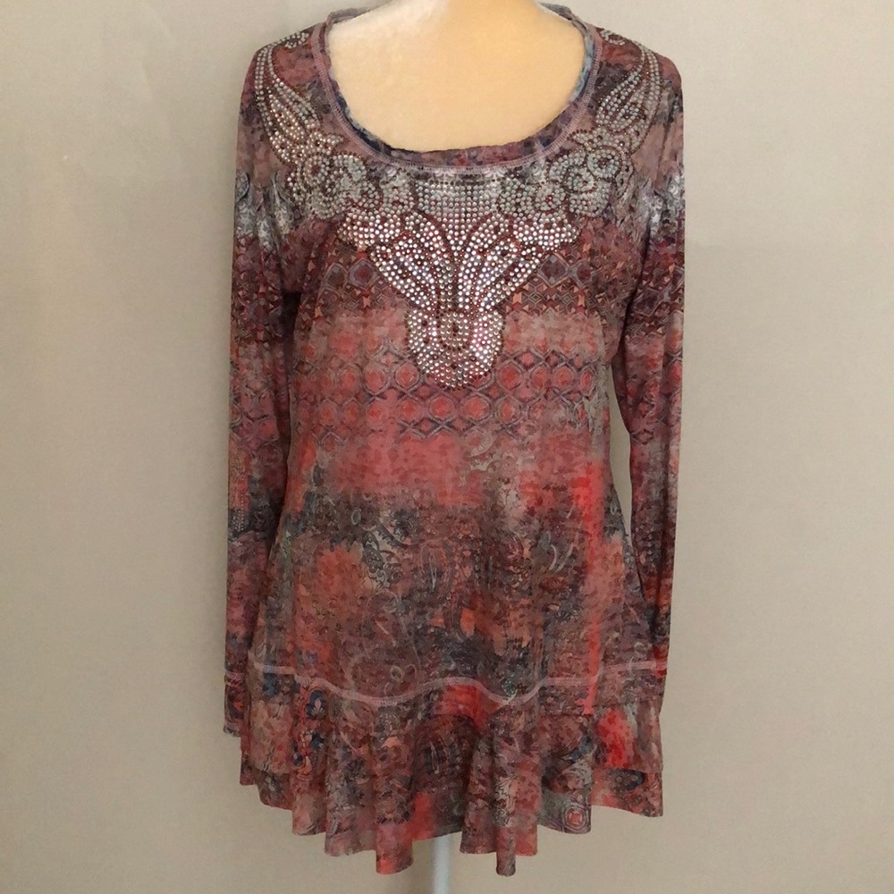 V Cristina Beautiful Multi-Color Embellished Tunic X-Large Long Sleeve